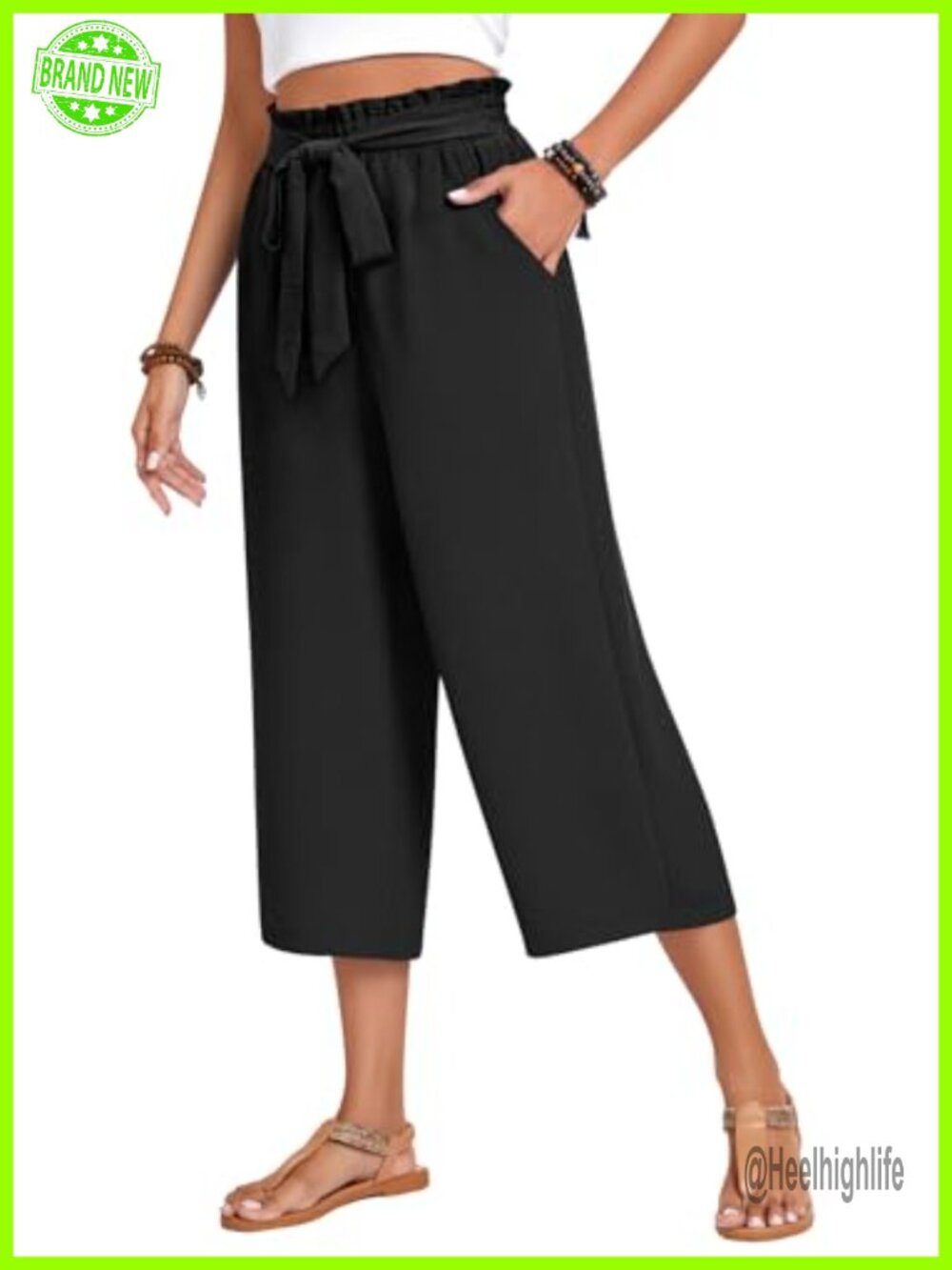 Plus Size Wide Leg Capri Palazzo Pants High Waist Tied Belt Flowy Trousers